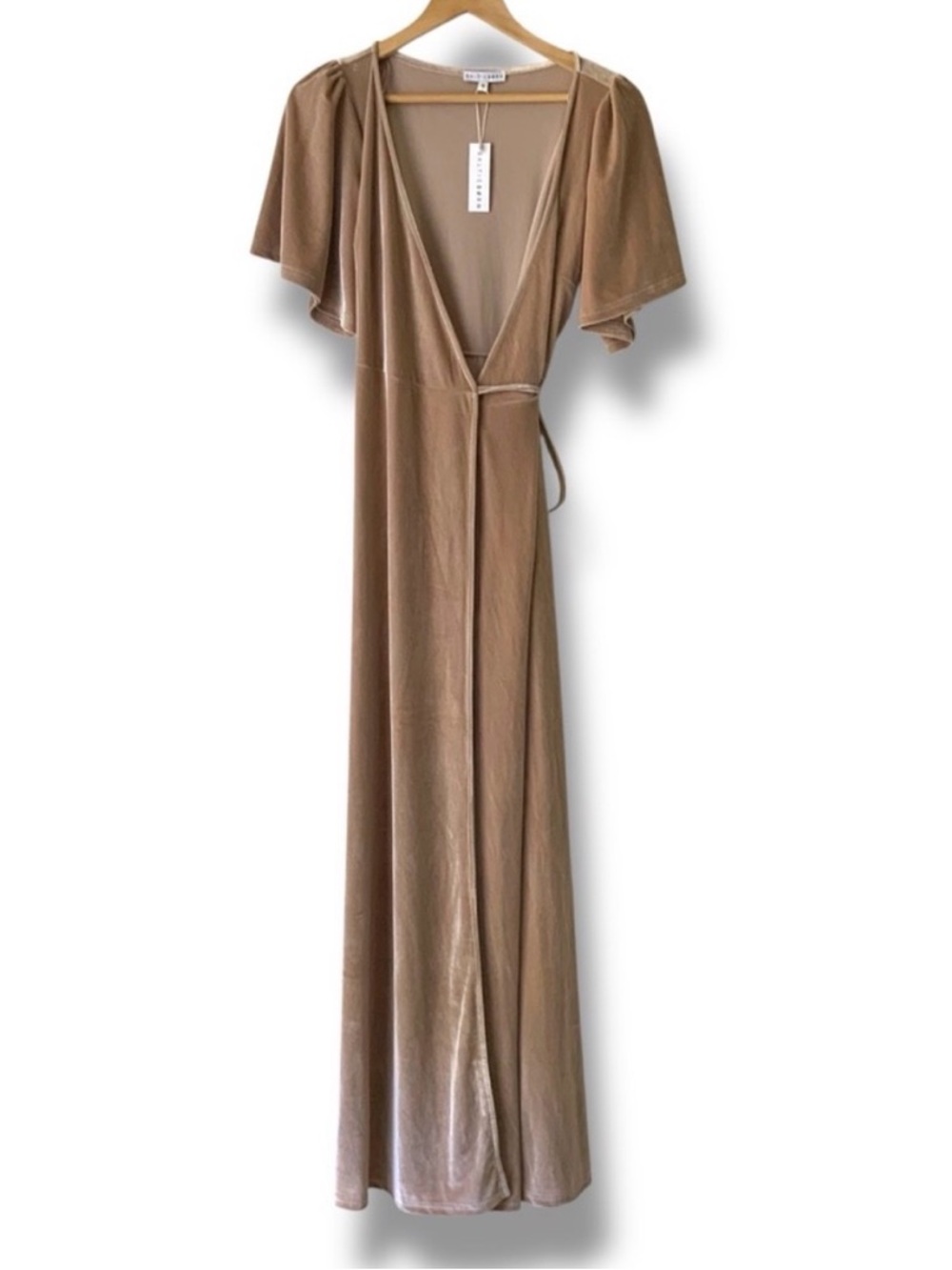 NWT BALTIC BORN Velvet Wrap Maxi Dress Taupe Tan Small - Picture 3 of 14